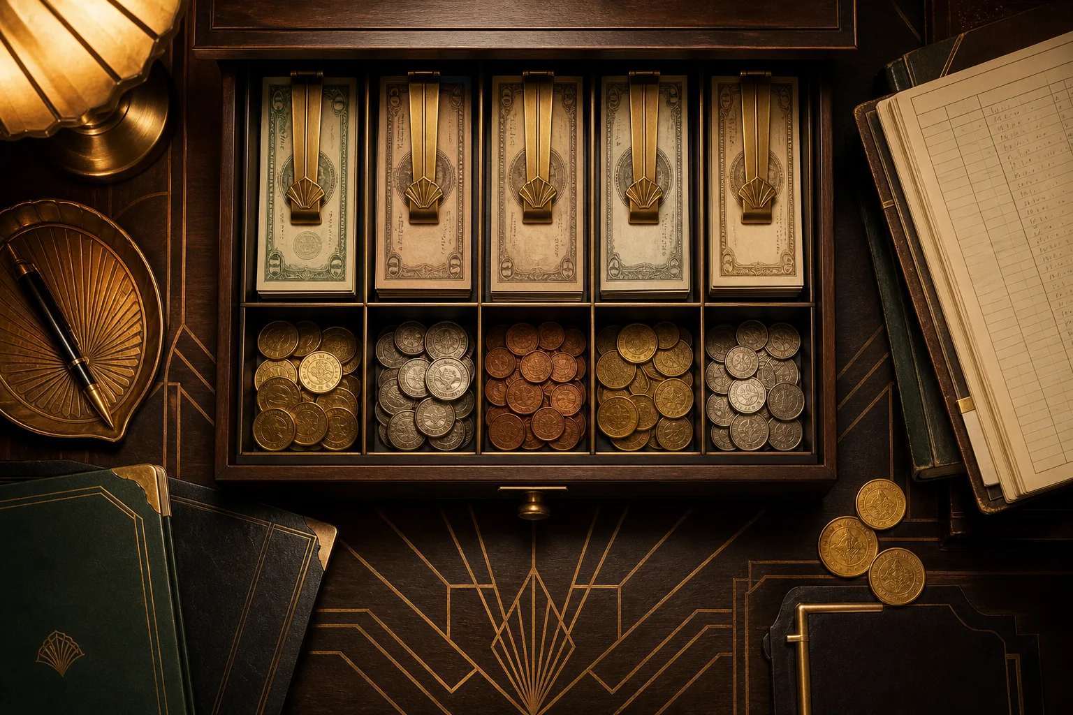 Gaveta de caixa com cédulas e moedas