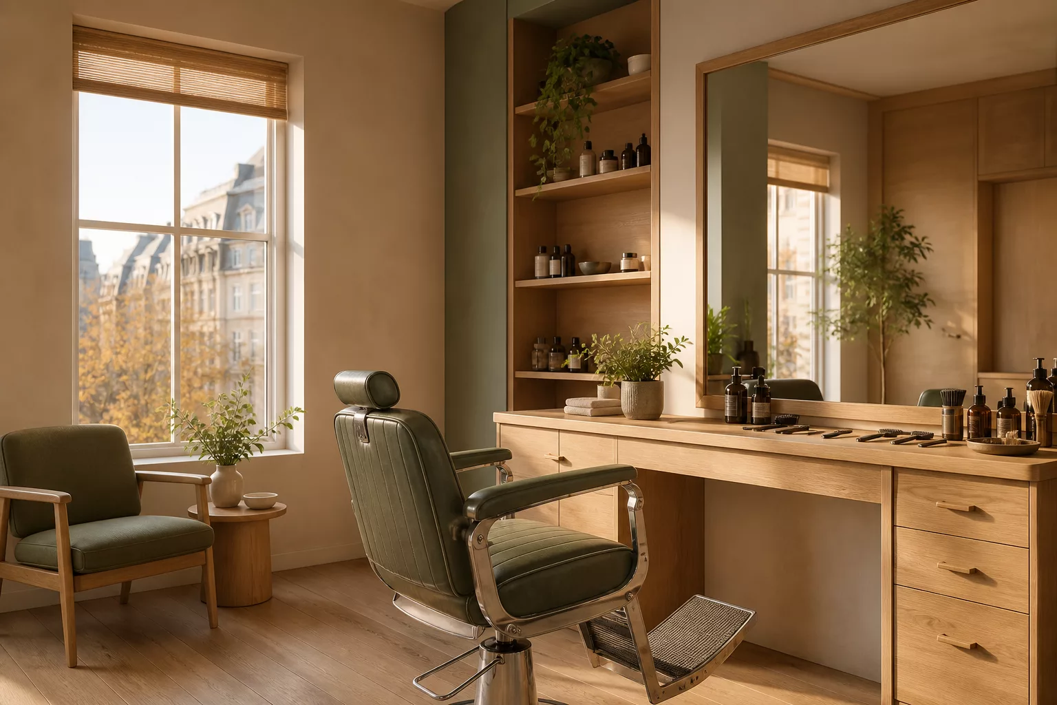 Cadeira de barbeiro em uma barbearia iluminada por luz natural