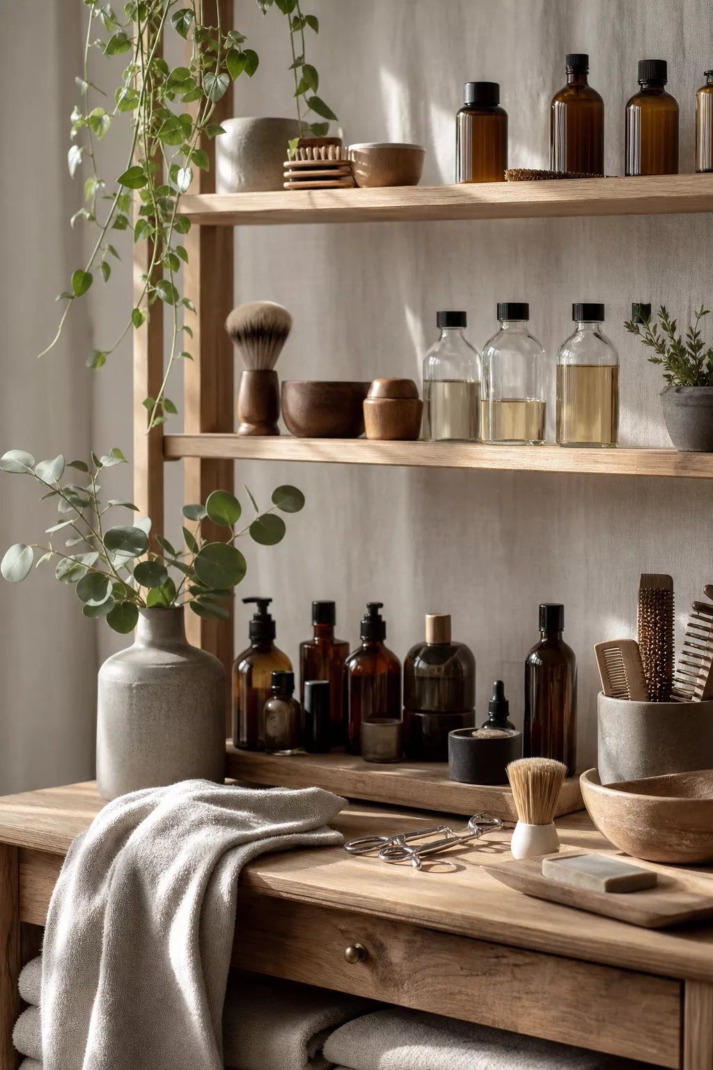Prateleiras com produtos de barbearia, pincel e frascos