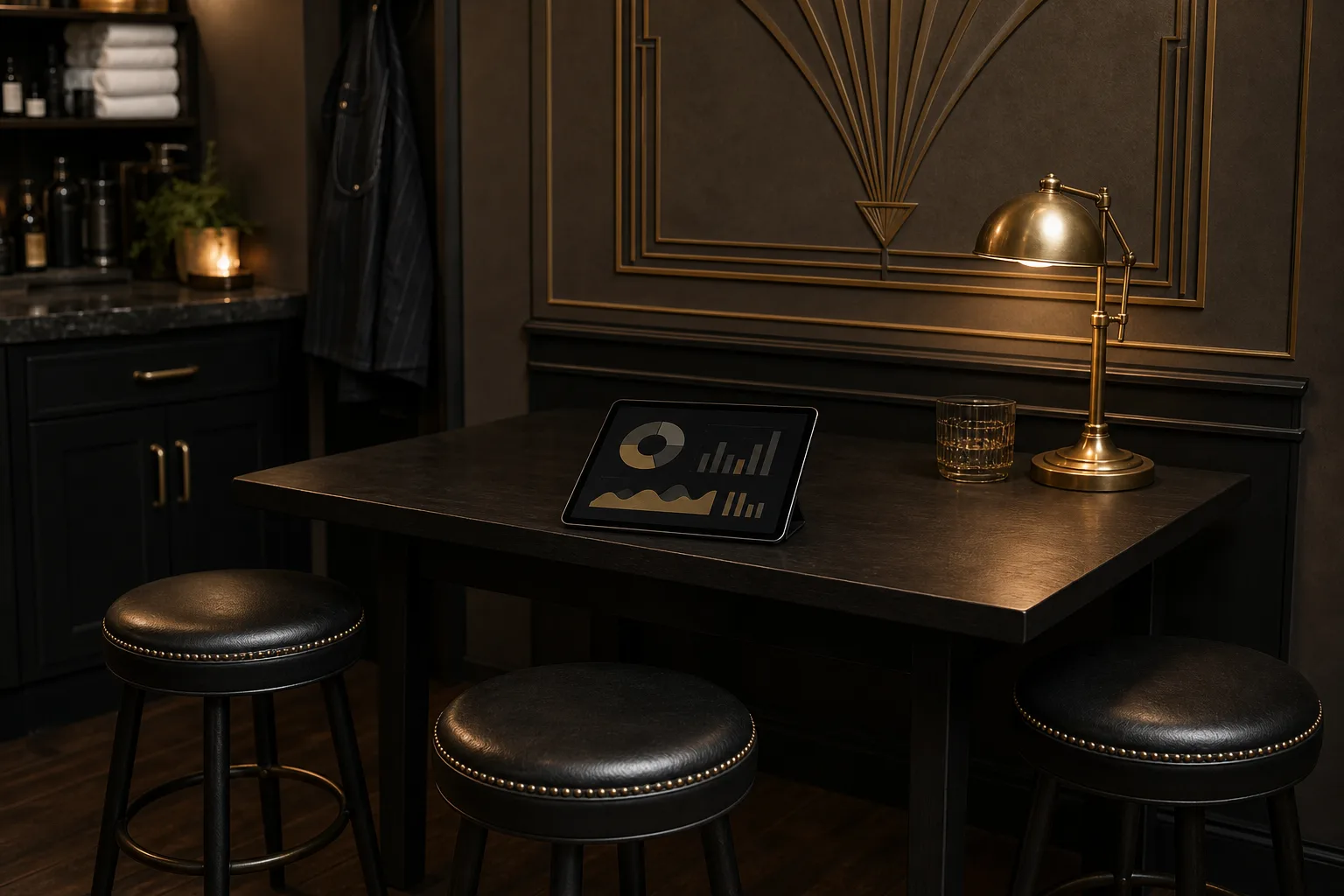 Mesa e banquetas em um ambiente de barbearia